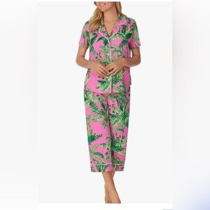 Room Service Pink Tropical Palm Pajama Set XL – Short Sleeve Top & Cropped Pants